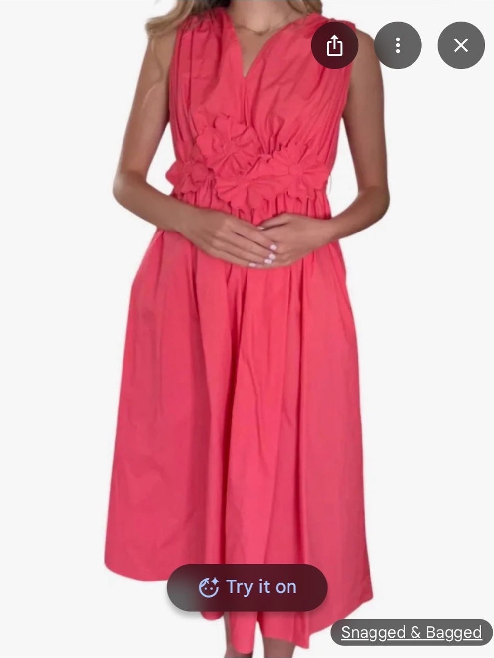 Coral Pink Cotton V-Neck Midi Dress with Floral Applique Belt - Medium